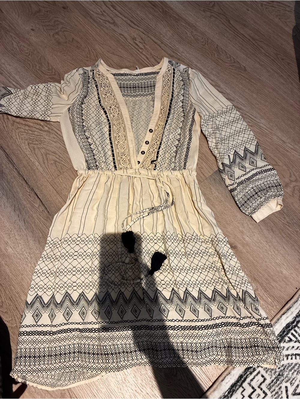 Floreat Cream and Black Printed Long Sleeve Boho Dress